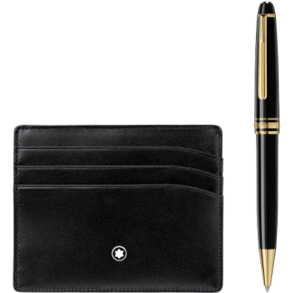 Montblanc Set with Meisterstück Yellow Gold Classique Ballpoint Pen and Black Pocket Holder 6cc